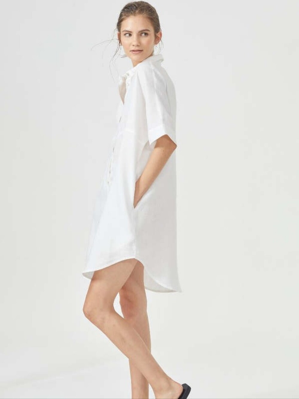 Lanhtropy Alba 100% Linen Shirt Dress Pockets Tan S/M Oversized Pockets Resort